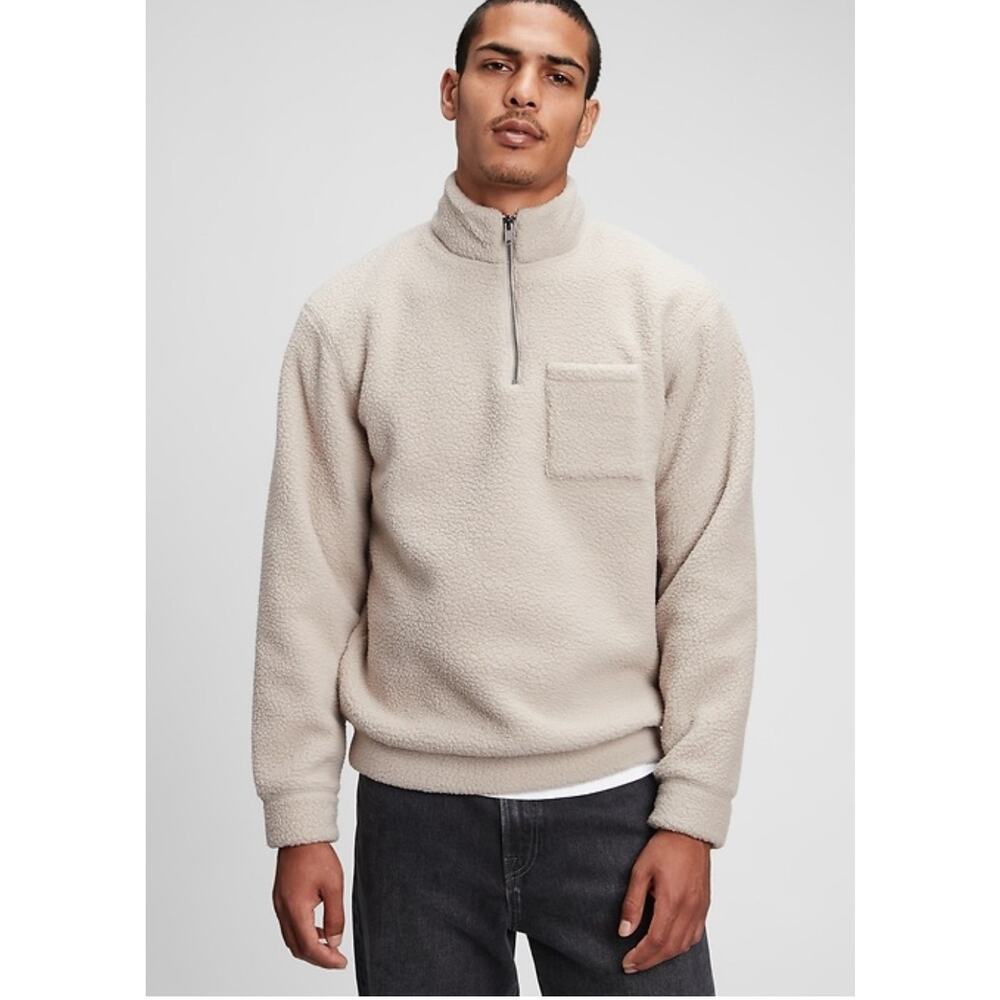 NWT GAP MENS 1/2 ZIP SHERPA FLEECE SWEATSHIRT PULLOVER TOP FOSSIL BEIGE SIZE LG